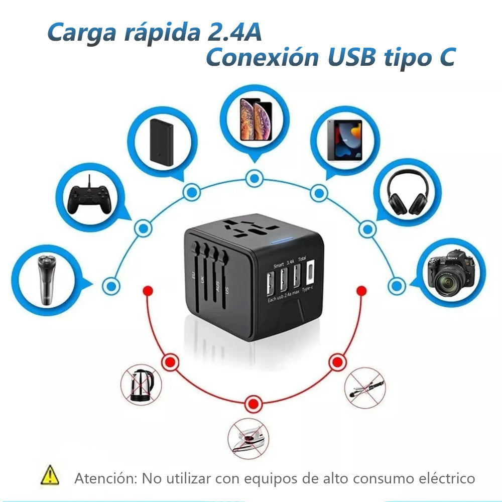 Enchufe Adaptador Universal de Viaje - Cargador 4 puertos (3 USB y 1 Tipo C)