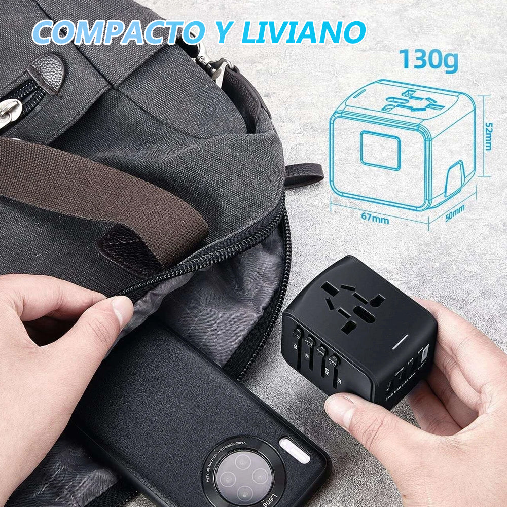 Enchufe Adaptador Universal de Viaje - Cargador 4 puertos (3 USB y 1 Tipo C)