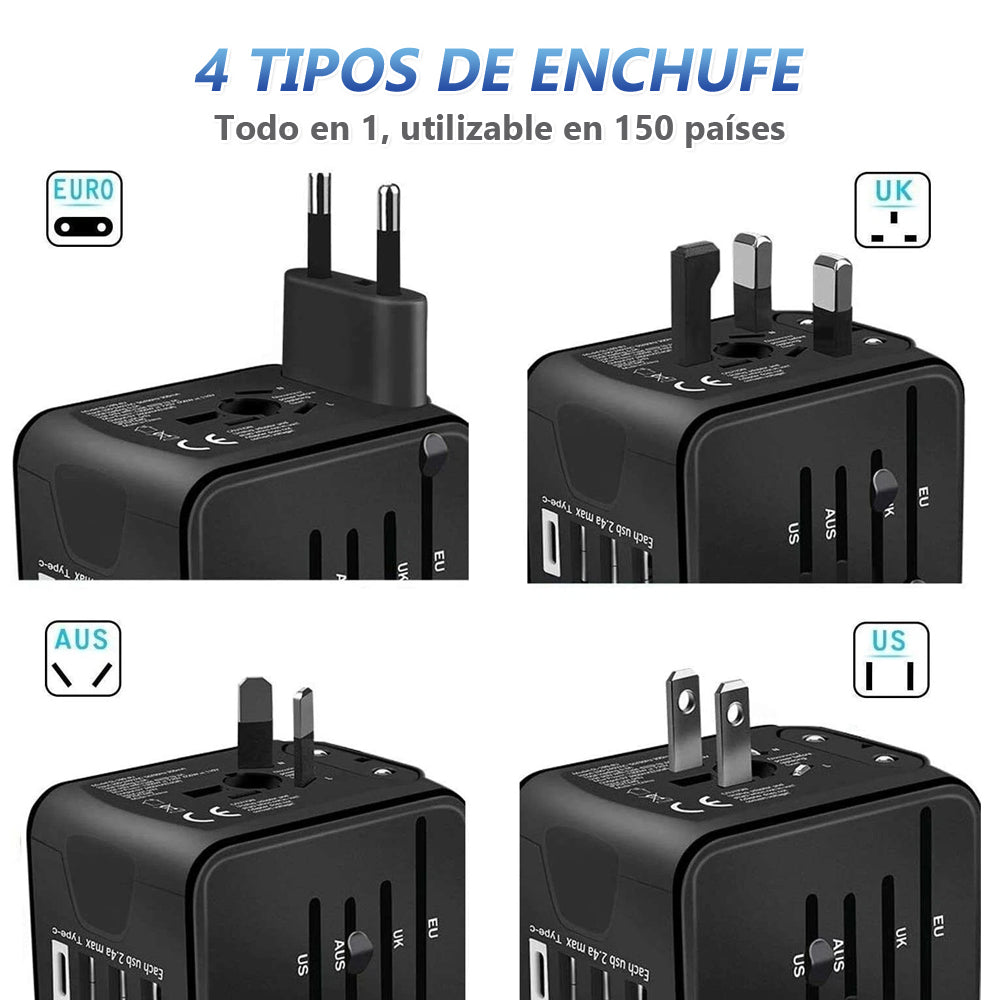 Enchufe Adaptador Universal de Viaje - Cargador 4 puertos (3 USB y 1 Tipo C)