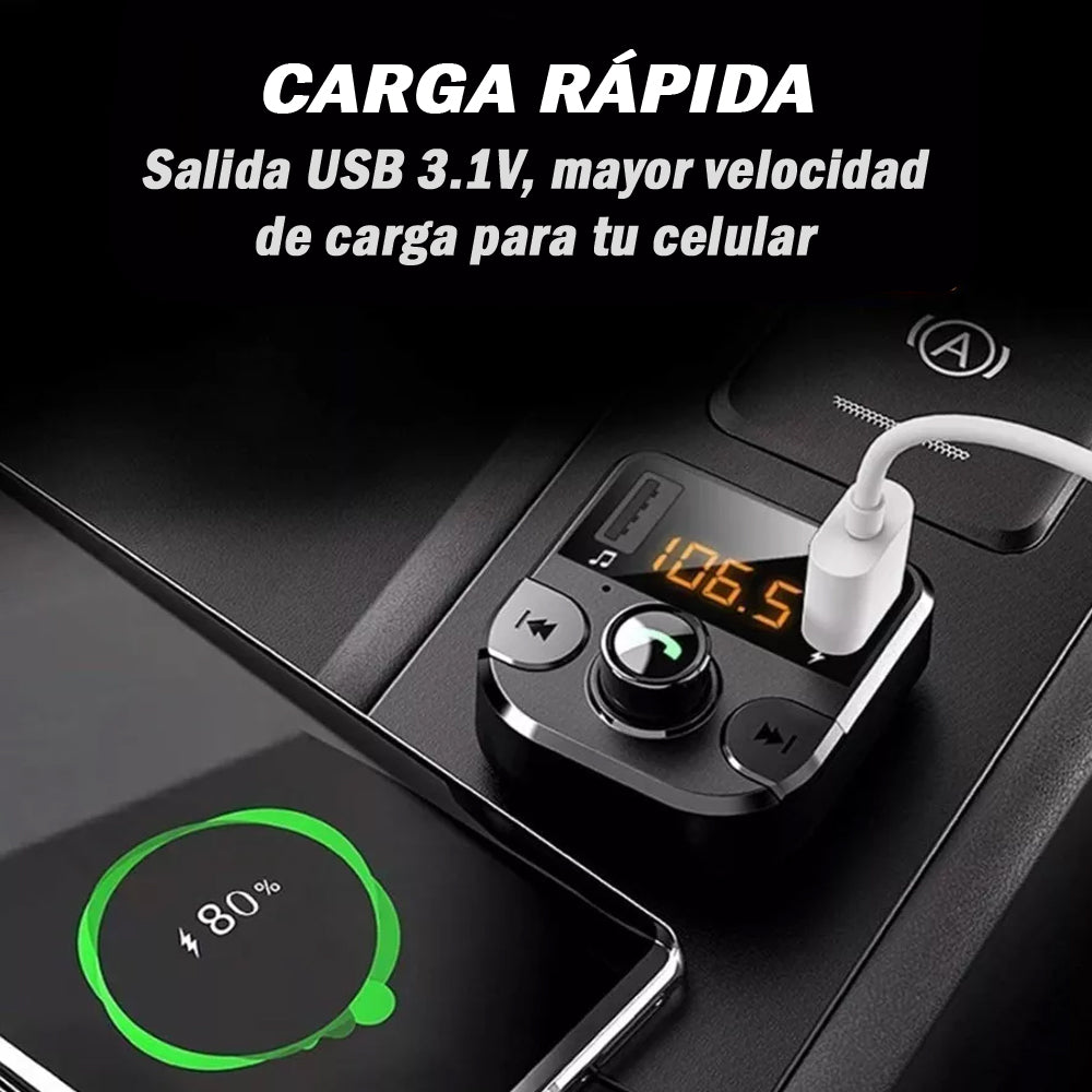 Transmisor FM Bluetooth 5.0 para Auto / Cargador USB-C Rápido y Manos Libres