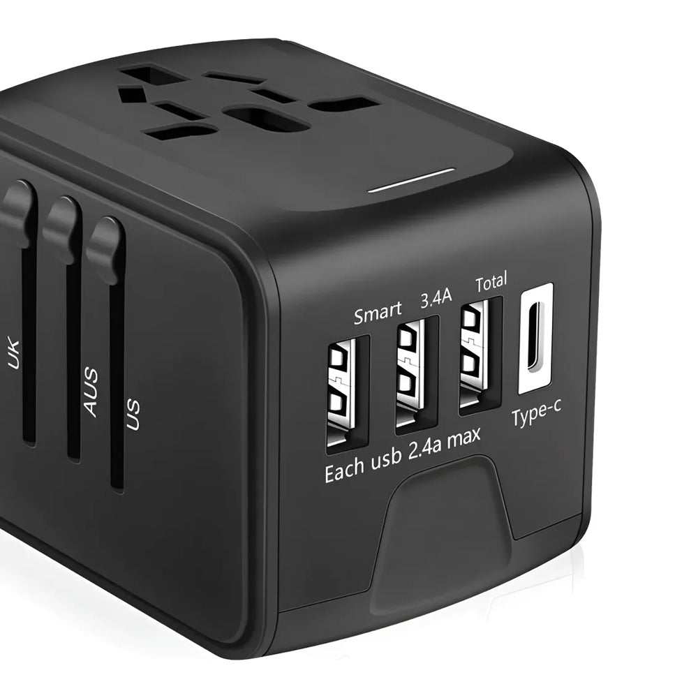 Adaptador de viaje universal color negro con múltiples entradas de enchufe