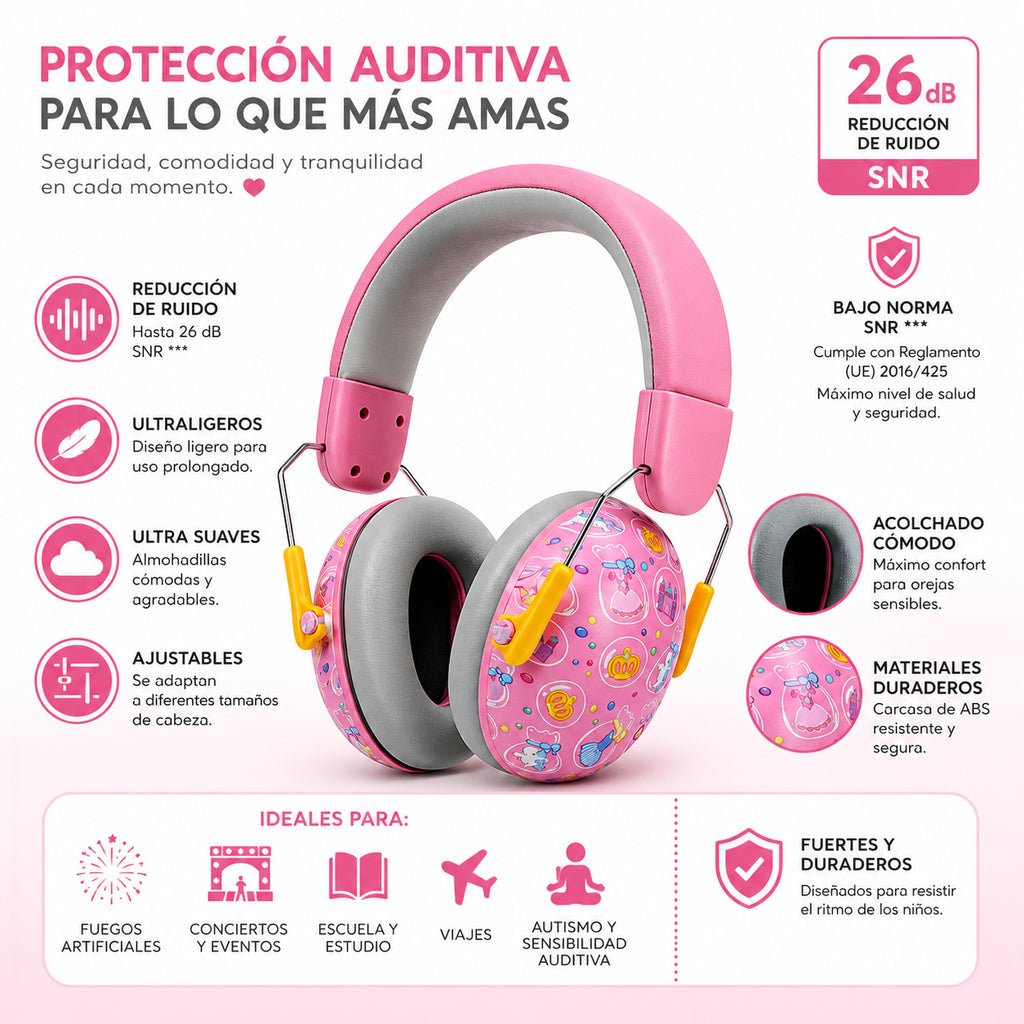 Audífonos Antiruido protectores para Niños Autismo - 26dB Rosa / Negro