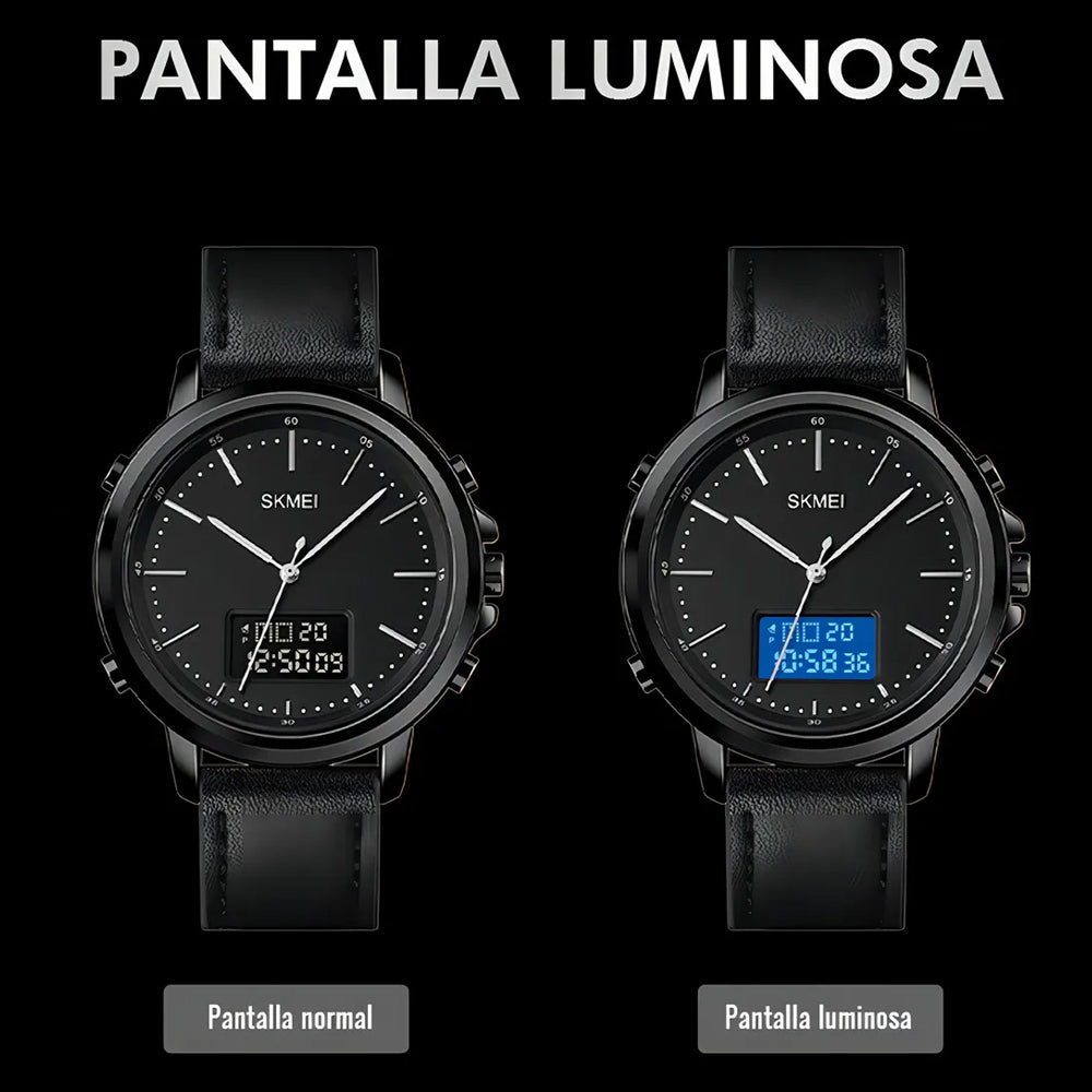 Reloj Análogo Digital - Correa de Cuero - Impermeable - Pantalla LED