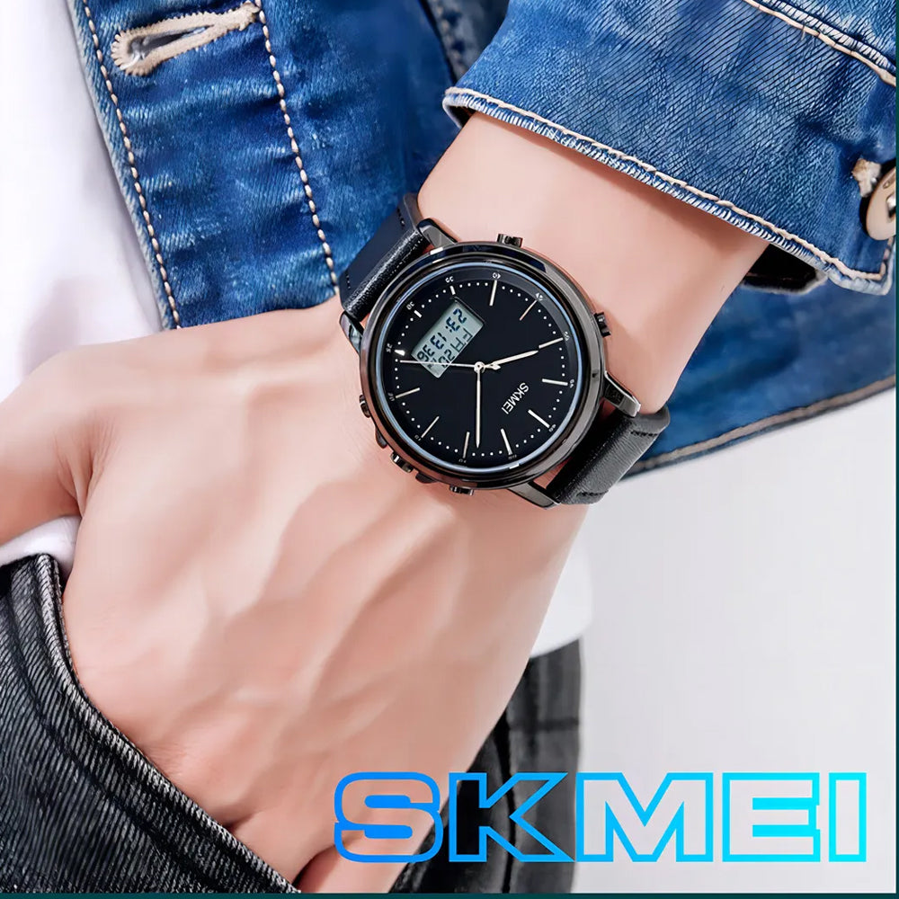 Reloj Análogo Digital - Correa de Cuero - Impermeable - Pantalla LED