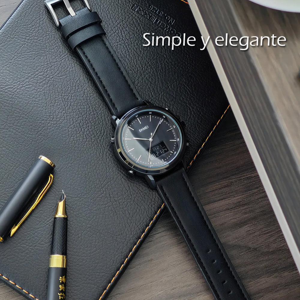 Reloj Análogo Digital - Correa de Cuero - Impermeable - Pantalla LED