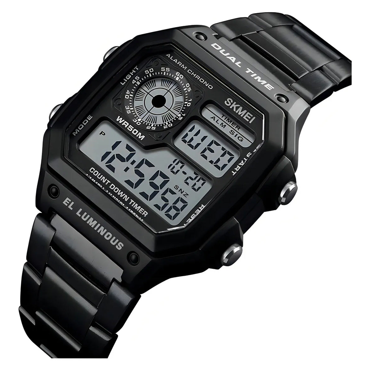 Reloj Skmei 1335 Clásico deportivo negro - Pantalla dual - Correa acero inoxidable