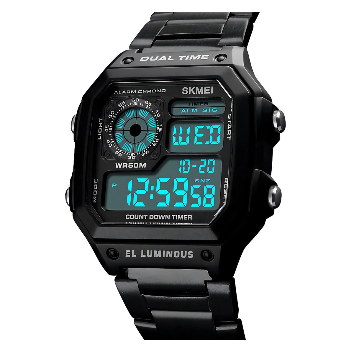 Reloj Skmei 1335 Clásico deportivo negro - Pantalla dual - Correa acero inoxidable