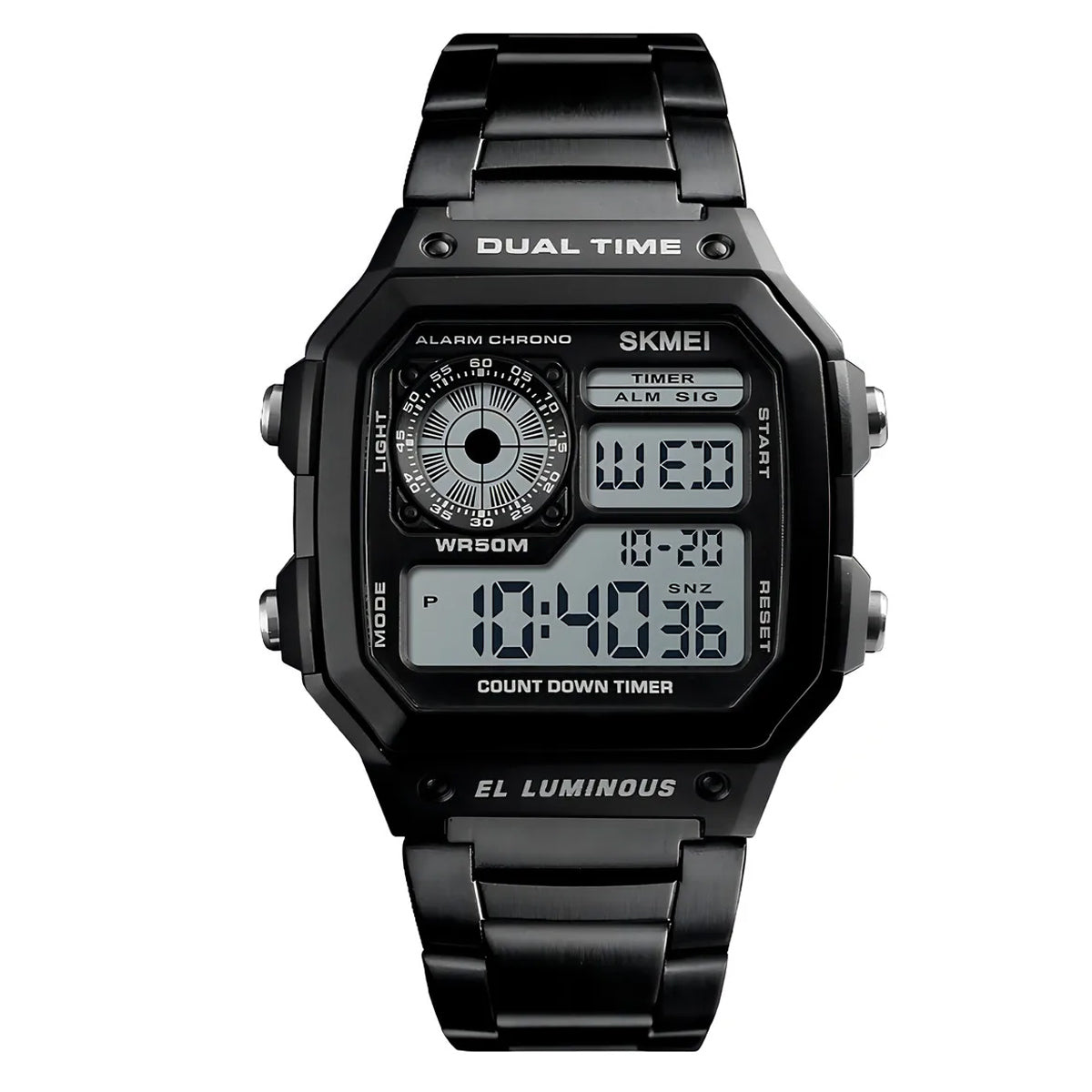 Reloj Skmei 1335 Clásico deportivo negro - Pantalla dual - Correa acero inoxidable
