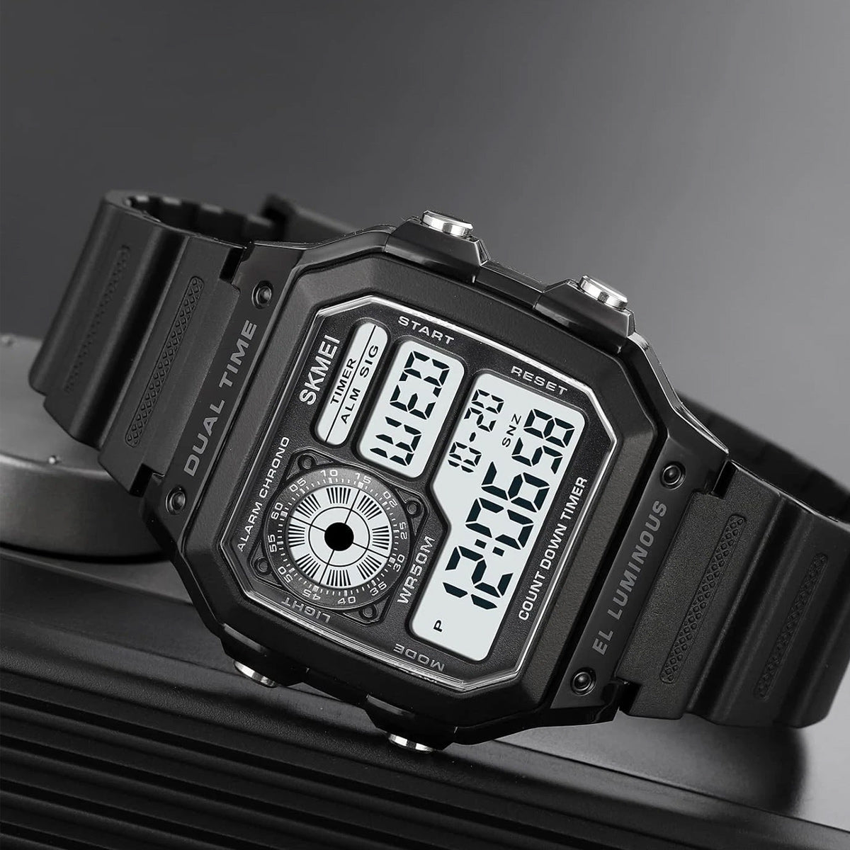 Reloj Skmei 1335 Clásico deportivo negro - Pantalla dual - Correa acero inoxidable