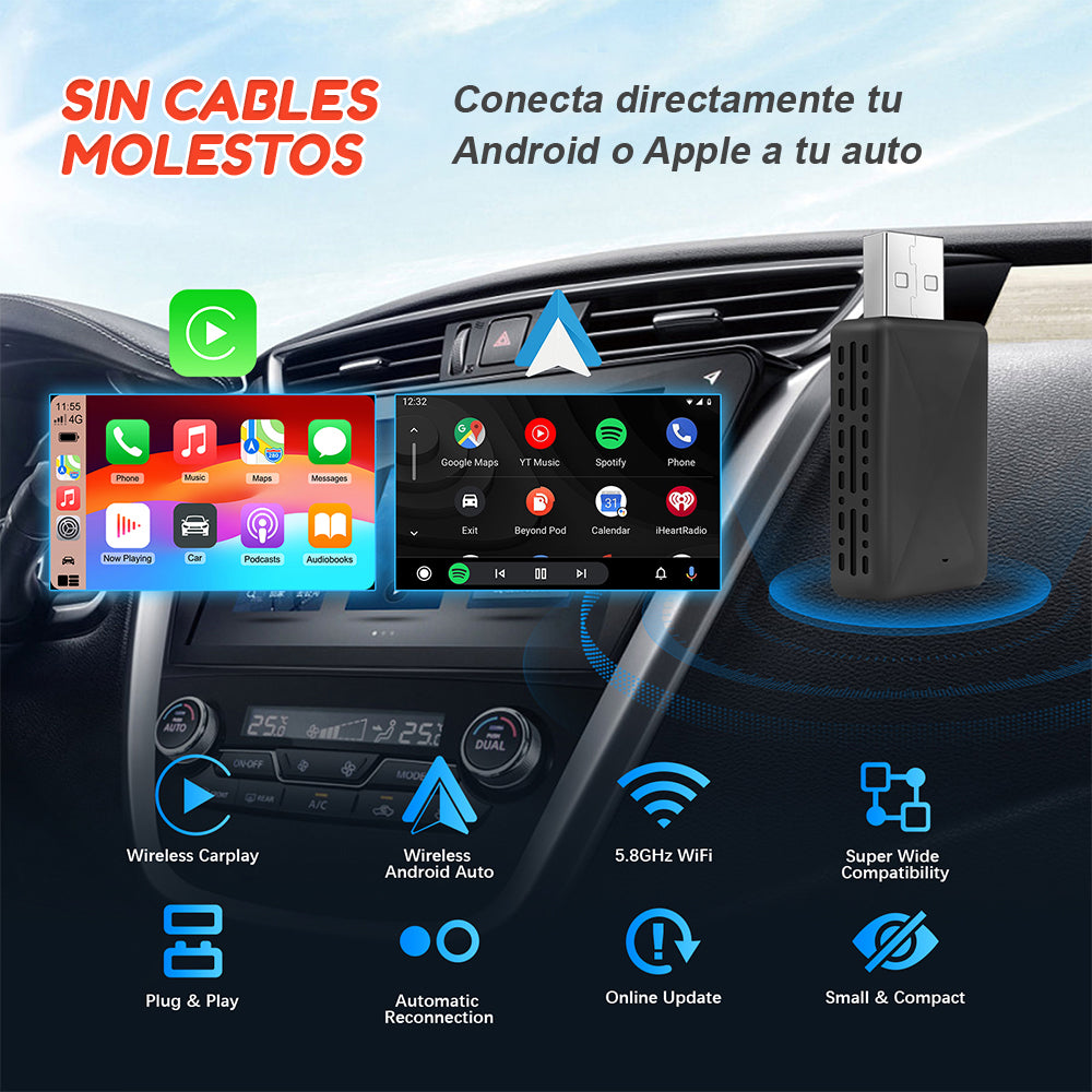 Carplay Inalambrico Adaptador mini 2 en 1 - Para radio auto Iphone Android