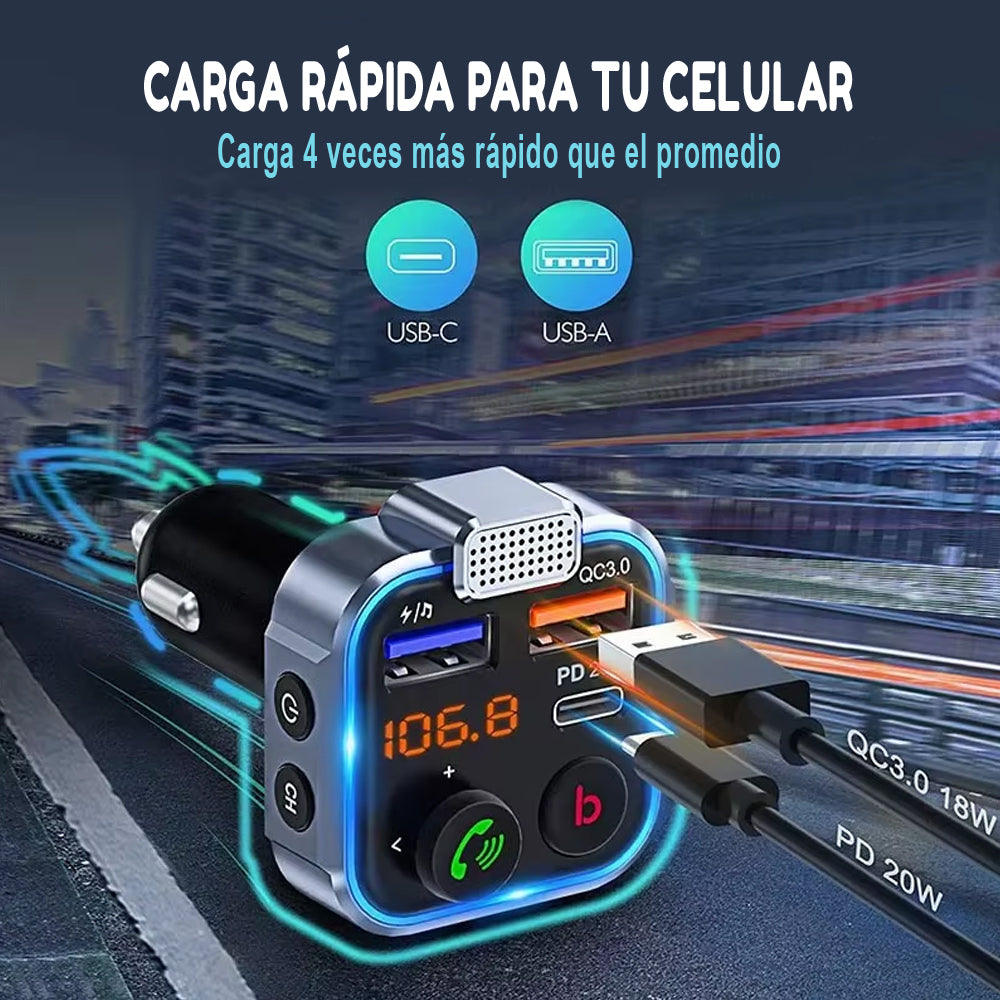 Transmisor FM Bluetooth 5.0 para Auto: Cargador Rápido Tipo C 20W +USB y Manos Libres