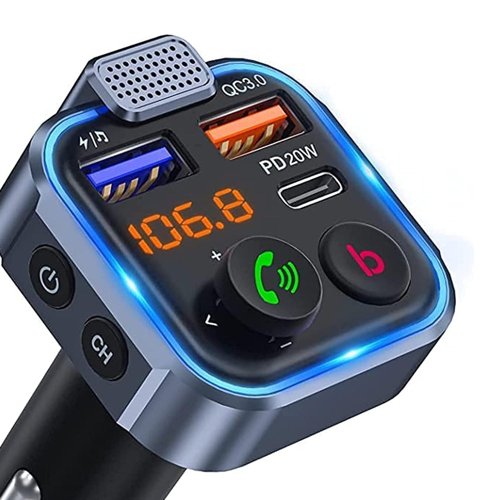 Transmisor FM Bluetooth 5.0 para Auto: Cargador Rápido Tipo C 20W +USB y Manos Libres