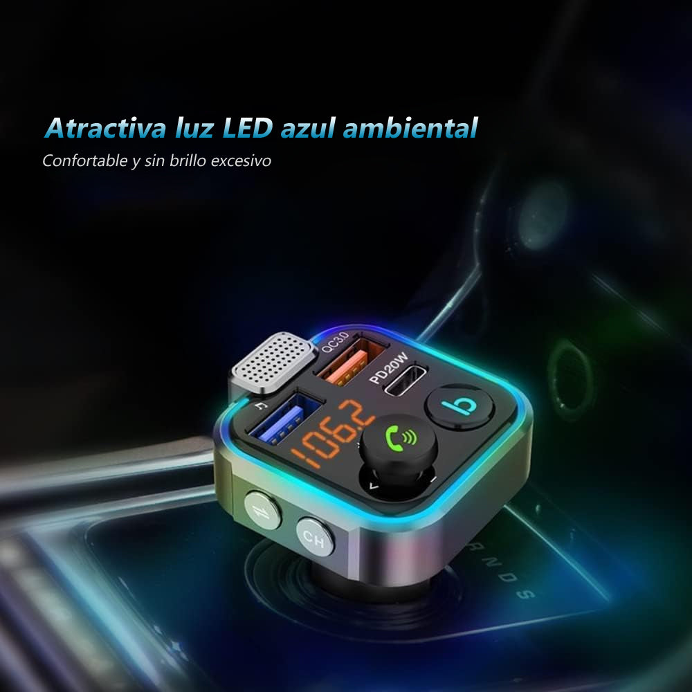 Transmisor FM Bluetooth 5.0 para Auto: Cargador Rápido Tipo C 20W +USB y Manos Libres
