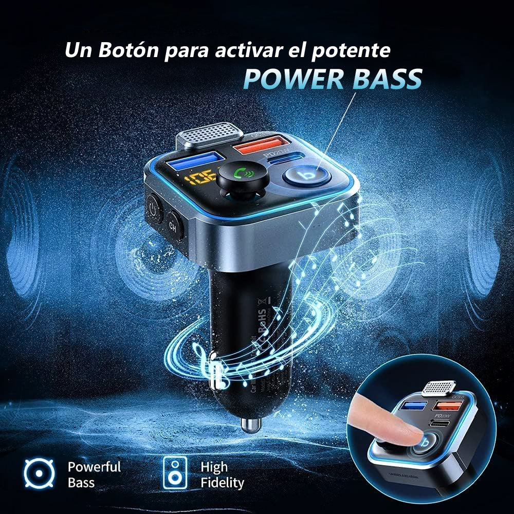 Transmisor FM Bluetooth 5.0 para Auto: Cargador Rápido Tipo C 20W +USB y Manos Libres