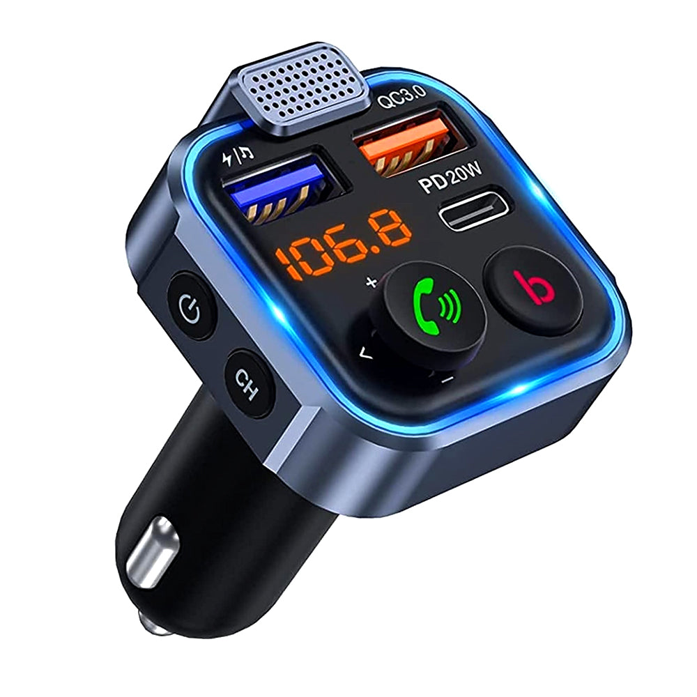 Transmisor FM Bluetooth 5.0 para Auto: Cargador Rápido Tipo C 20W +USB y Manos Libres